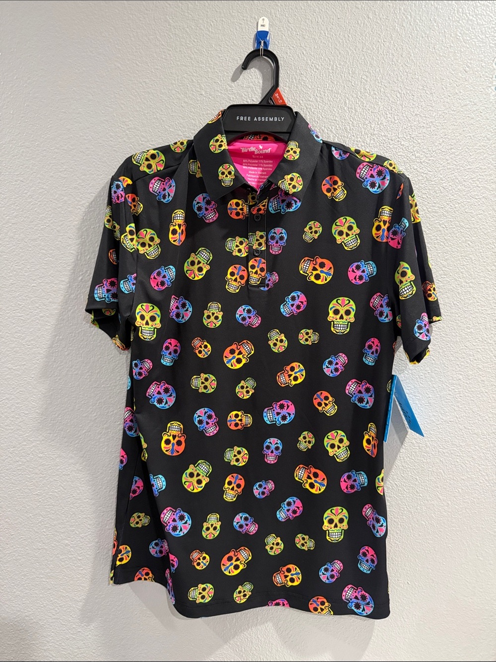 Birdie bound Men’s Black Polo with Neon Sugar Skull Print